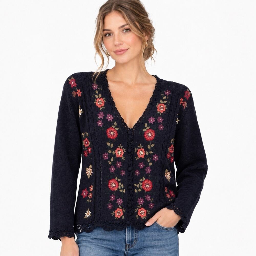Vintage 90s Erika Cardigan Womens Large Navy Floral Embroidered Cottage Grandma